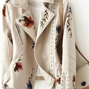 Boho Floral Embroidered Cream Women's Faux Leather Jacket